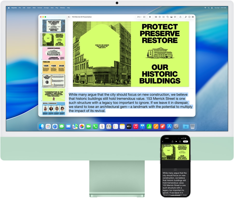 iMac i iPhone 16 Plus, na iMacu otwarta aplikacja Keynote, na iPhonie widoczne są slajdy i notatki prezentera