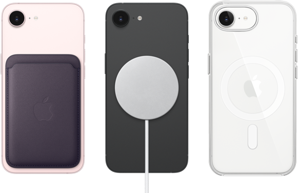 iPhone 17e, exterior spate, culoare Roz pal, cu portofelul din țesătură FineWoven cu MagSafe atașat, iPhone 17e, exterior spate, culoare Negru, cu încărcătorul MagSafe atașat, iPhone 17e, exterior spate, culoare Alb, carcasă transparentă cu MagSafe atașat