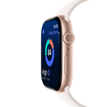 Side view of an Apple Watch Series 11 in Rose Gold Aluminium with sleep score and other dynamic data visible on display.