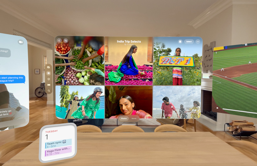 Multiple apps and widgets floating in living room space including Photos app, Messages app, Calendar widget, and Apple TV app