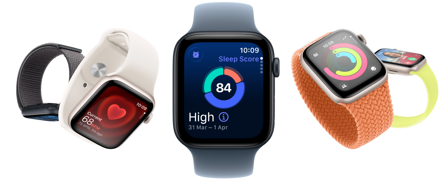 Apple Watch SE 3 with aluminium cases available in starlight and midnight colours, featuring apps such as Vitals, Heart Rate, sleep score, Activity rings, and incoming call