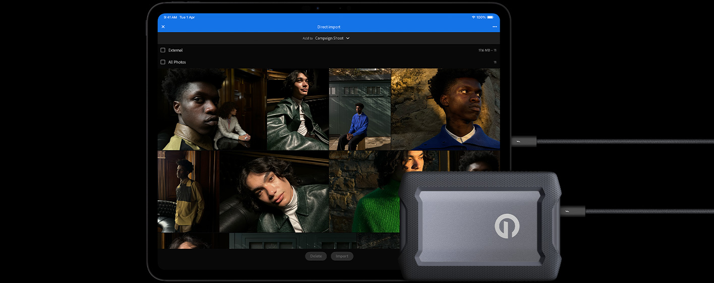 iPad Pro, front exterior, landscape orientation, space black colour, connected with a cable to a USB-C external hard drive, display showing photos of models being imported to a folder called “Campaign Shoot”