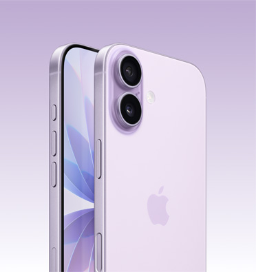 iPhone 17 in Lavender finish, partial-screen display and side angle shows - Action, volume and side button. Back exterior shows Dual Fusion camera system in top left corner.