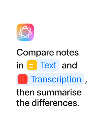 Compare notes in Text and Transcription then summarise the differences, with the words “Text” and “Transcription” highlighted in blue as they appear as they would in the Shortcuts app