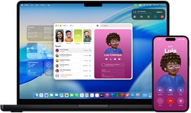 MacBook Pro and iPhone 16 Plus, Phone app open, same contact displayed on both screens