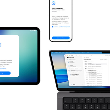 iPad, iPhone และ MacBook แสดงองค์ประกอบต่างๆ ของ Apple Business Manager