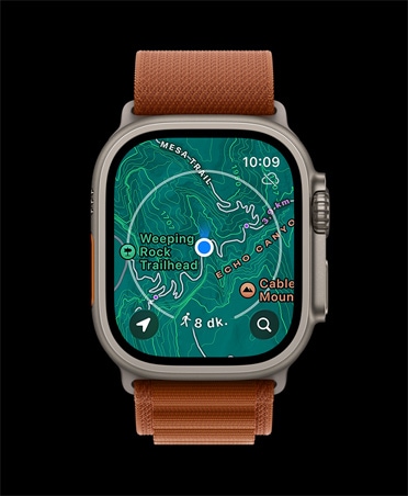Apple Watch Ultra 3, natürel renk, titanyum kasa, offline harita, sıradaki yol tarifi, kordon, terra cotta Alpine Loop