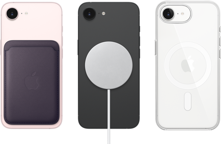 iPhone 17e, вид ззаду, світло-рожевого кольору, гаманець MagSafe із тканини FineWoven, iPhone 17e, вид ззаду, чорного кольору, зарядний пристрій MagSafe, iPhone 17e, вид ззаду, білого кольору, прозорий чохол MagSafe