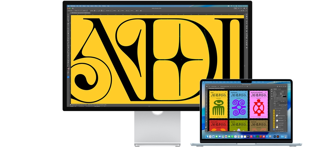 Демонстрація роботи над проєктом у кількох додатках Adobe на Studio Display та ноутбуці Mac, на Studio Display показано чорний текст на насиченому жовтому тлі, противідблискове покриття допомагає зменшити відблиски