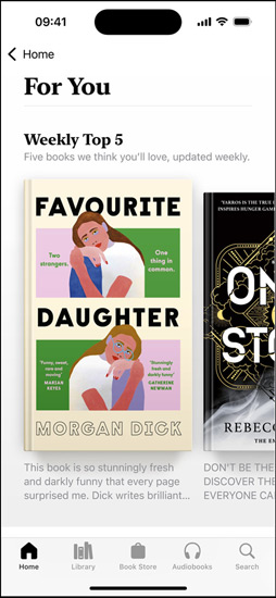 iPhone screen displaying the For You section in the Books app. The Weekly Top 5 list is shown.