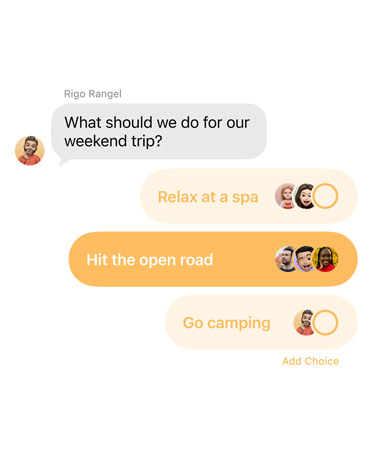 Polls feature in Messages with people in the group chat voting for where to take a weekend trip