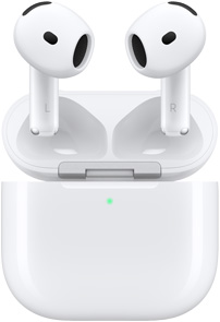 Відчинений зарядний футляр від AirPods 4, навушники AirPods розміщено над ним.