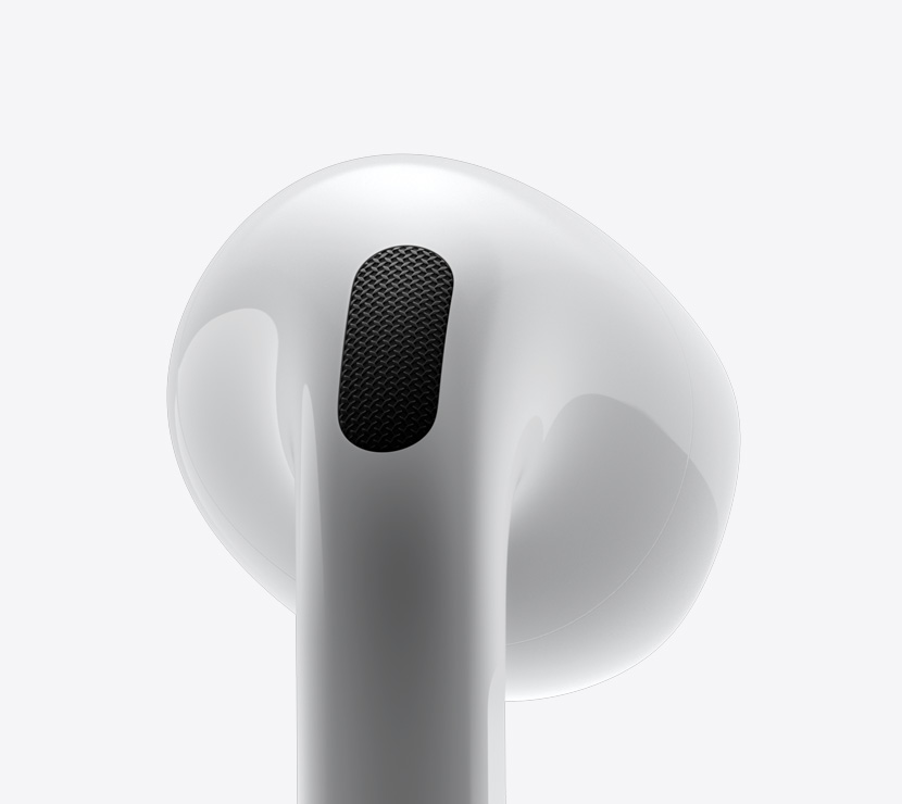 Close-up, side view of an AirPods 4.