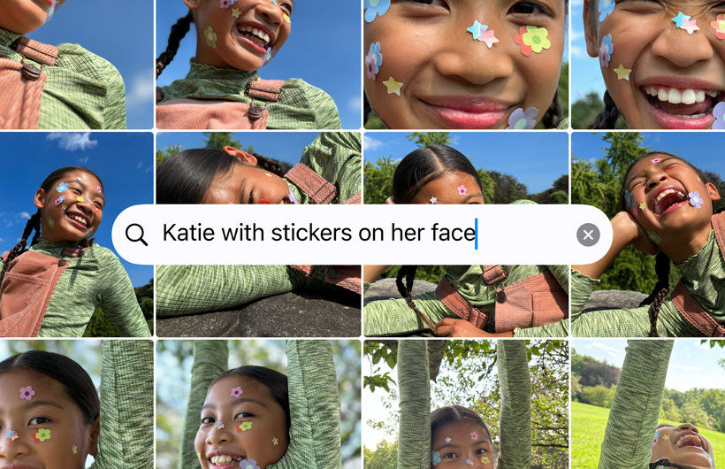 A grid of photos based on the search prompt “Katie with stickers on her face”