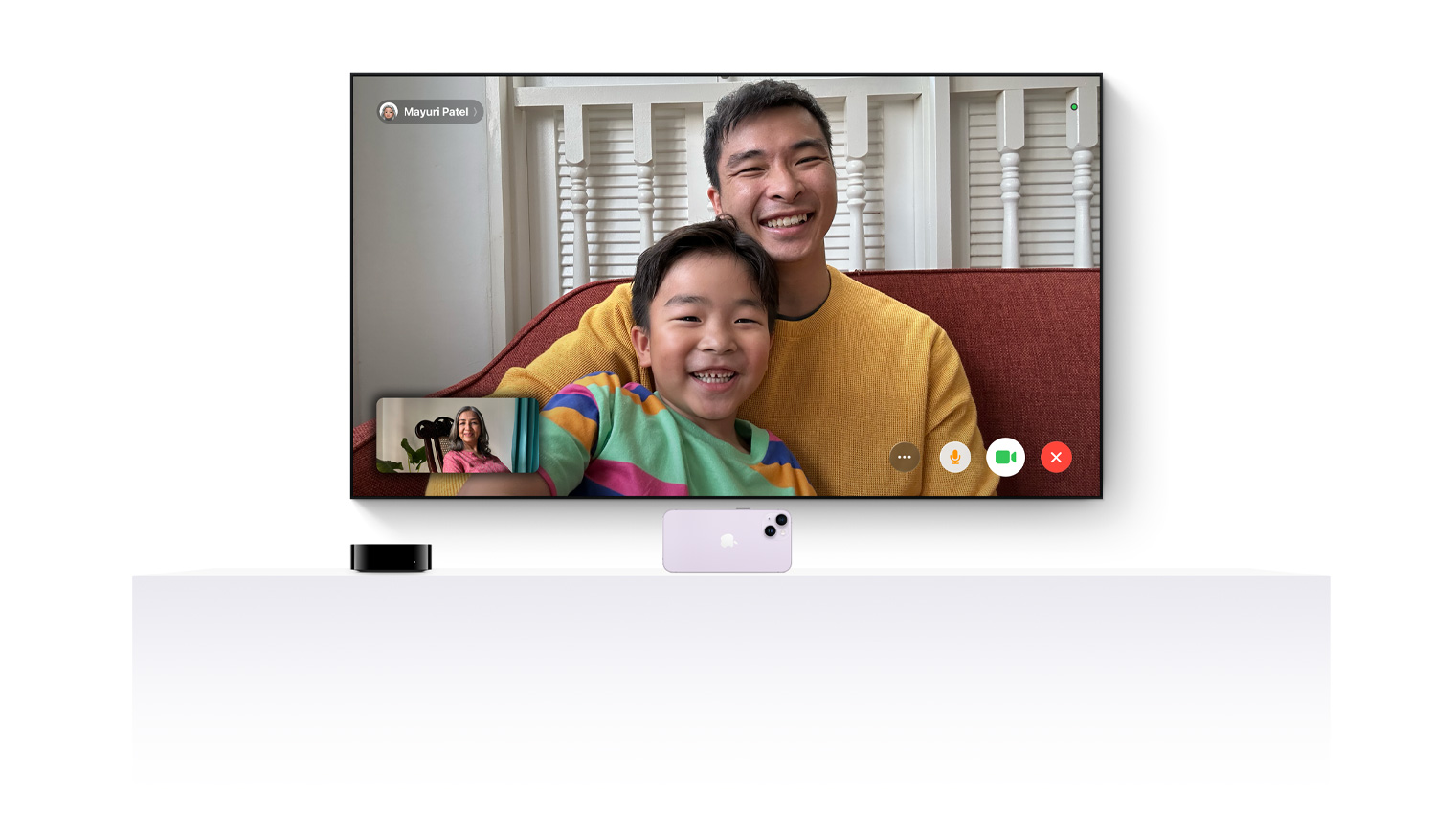 Apple TV 4K and an iPhone working together to bring FaceTime to a flat-screen television