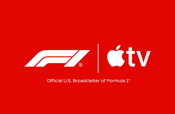 Logo for Formula 1 with a registered trademark symbol side by side with an Apple TV logo, separated by a vertical line, text reads Official U.S. Broadcaster of Formula 1 registered trademark symbol
