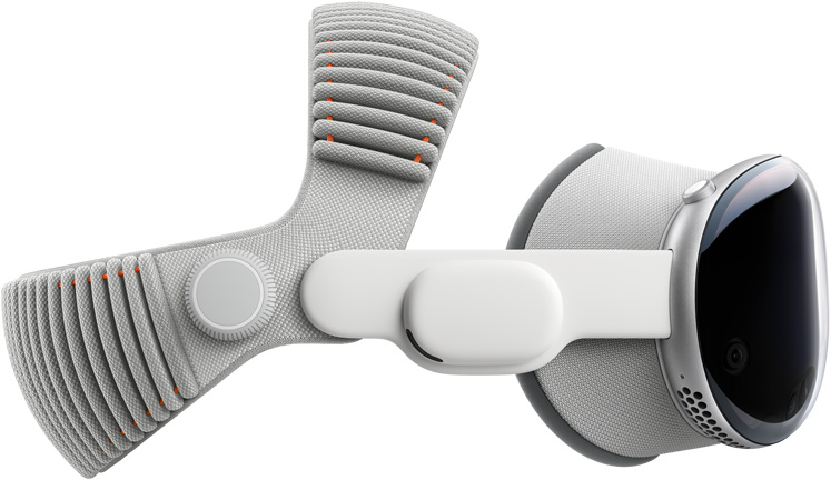 Seitenansicht der Apple Vision Pro, Rahmen aus Aluminiumlegierung, mit Lichtdichtung, Audiobändern und Dual Band aus Strickgewebe