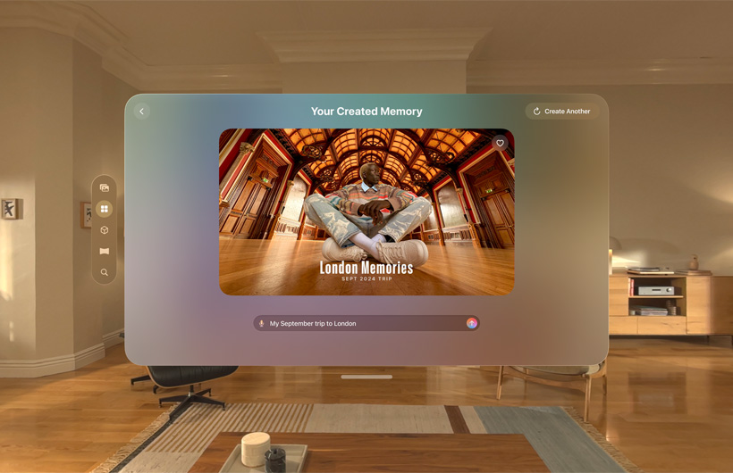 A person in a photograph sitting on the floor in a light-filled, wood-panelled room, the words “London Memories September 2024 trip” shown over the photograph. Interface of the memory movie experience in the Photos app of Apple Vision Pro around the photograph and words.