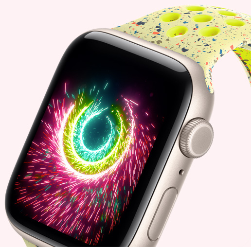 Apple Watch SE 3, aluminum case, starlight color, Activity rings sparking like fireworks, volt splash Nike Sport Strap