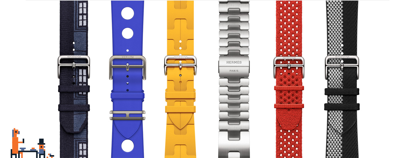Pixel art of a person and horse sitting at a table, available Apple Watch Hermès straps in varying styles and colours