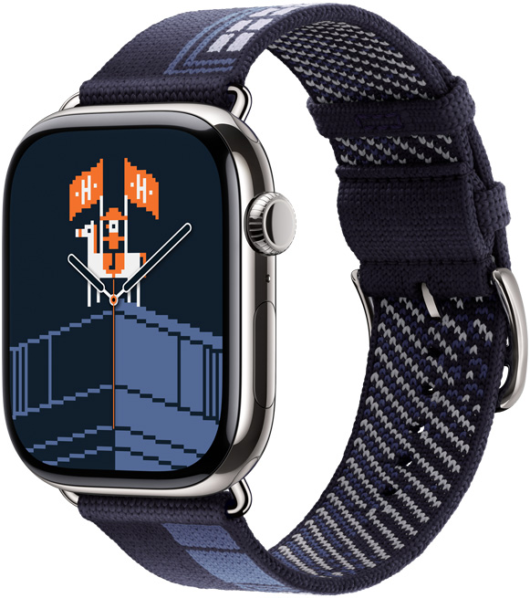 Apple Watch Hermès Series 11, titanium case, silver colour, Faubourg Party watch face and strap