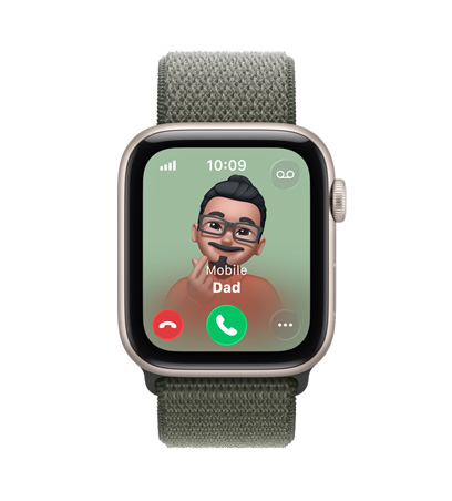 Apple Watch SE 3, aluminium case, starlight colour, incoming call from Dad, Memoji contact photo, accept and decline call buttons, Sport Loop, forest green colour