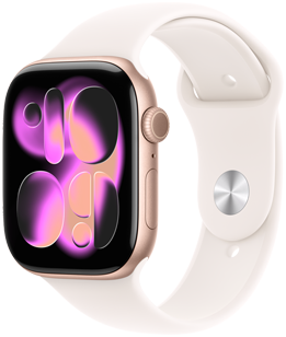Apple Watch Series 11, rose gold colour, aluminium case, Responsive Art watch face, right side exterior, Digital Crown, microphone, side button, Sport Band, light blush colour, silver pin-and-tuck closure