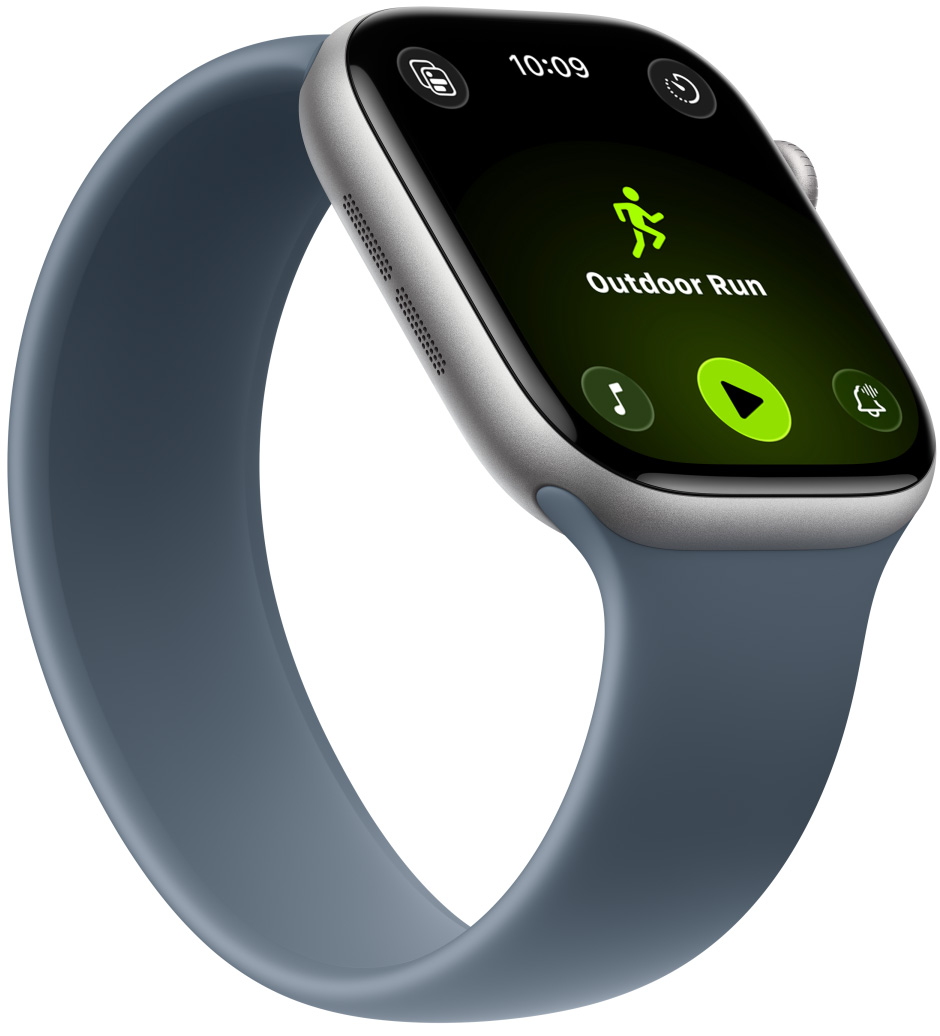 Apple Watch Series 11, aluminum case, space gray color, Outdoor Run workout, Apple Music controls at bottom of screen, Solo Loop, anchor blue color