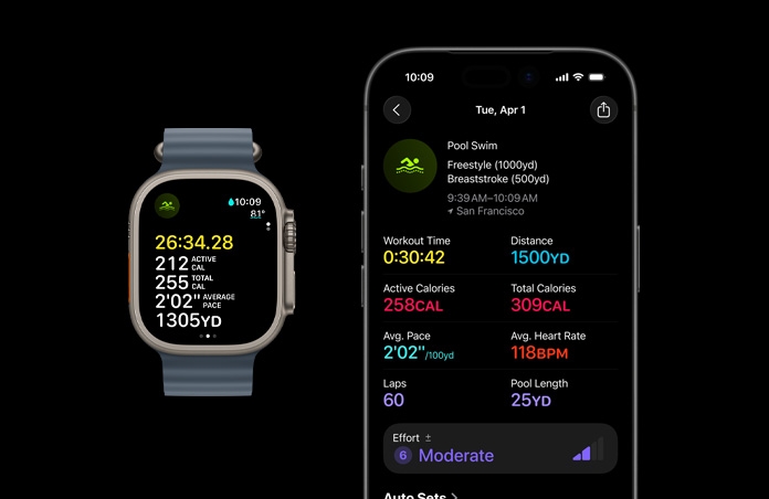 Apple Watch Ultra 3, kleur naturel, kast van titanium, Ocean-bandje, kleur ankerblauw, actieve Zwemwork-out, analyse van work-outgegevens op iPhone