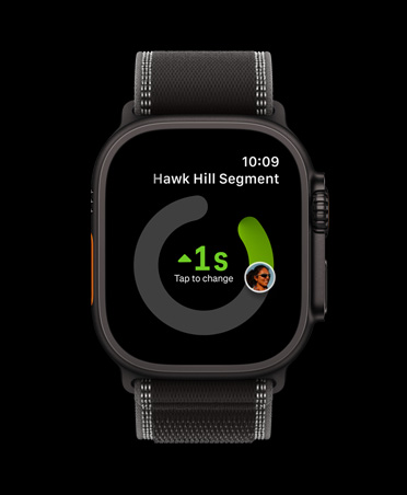 Apple Watch Ultra 3, black colour, titanium case, Strava app, workout cards: Outdoor Run, Outdoor Ride, Indoor Run, strap, Trail Loop, black/charcoal colour