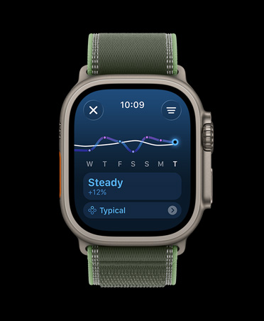 Apple Watch Ultra 3, natural colour, titanium case, training load line graph and calendar, strap, Trail Loop, green/neon colour
