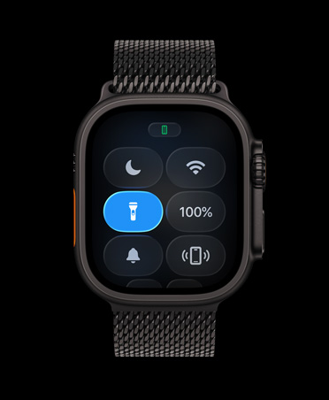 Apple Watch Ultra 3, natural colour, titanium case, Control Center, Flashlight button, Titianium Milanese Loop, black colour