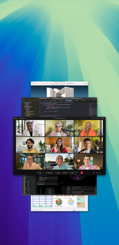 Plusieurs apps ouvertes et superposées. L’app au premier plan affiche un appel Zoom réunissant plusieurs personnes.