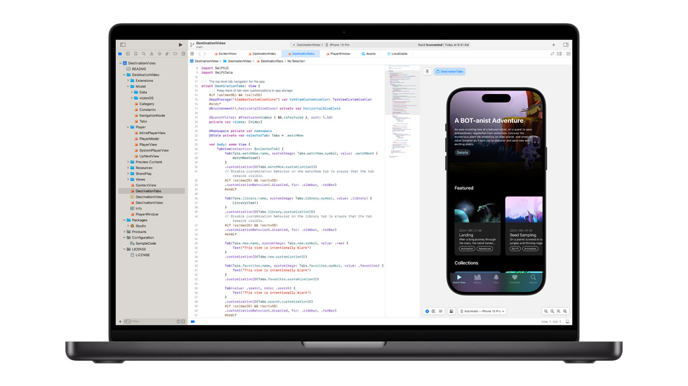 Ein geöffneter Mac. Die Swift App von Apple zum Bearbeiten von Code wird gezeigt.
