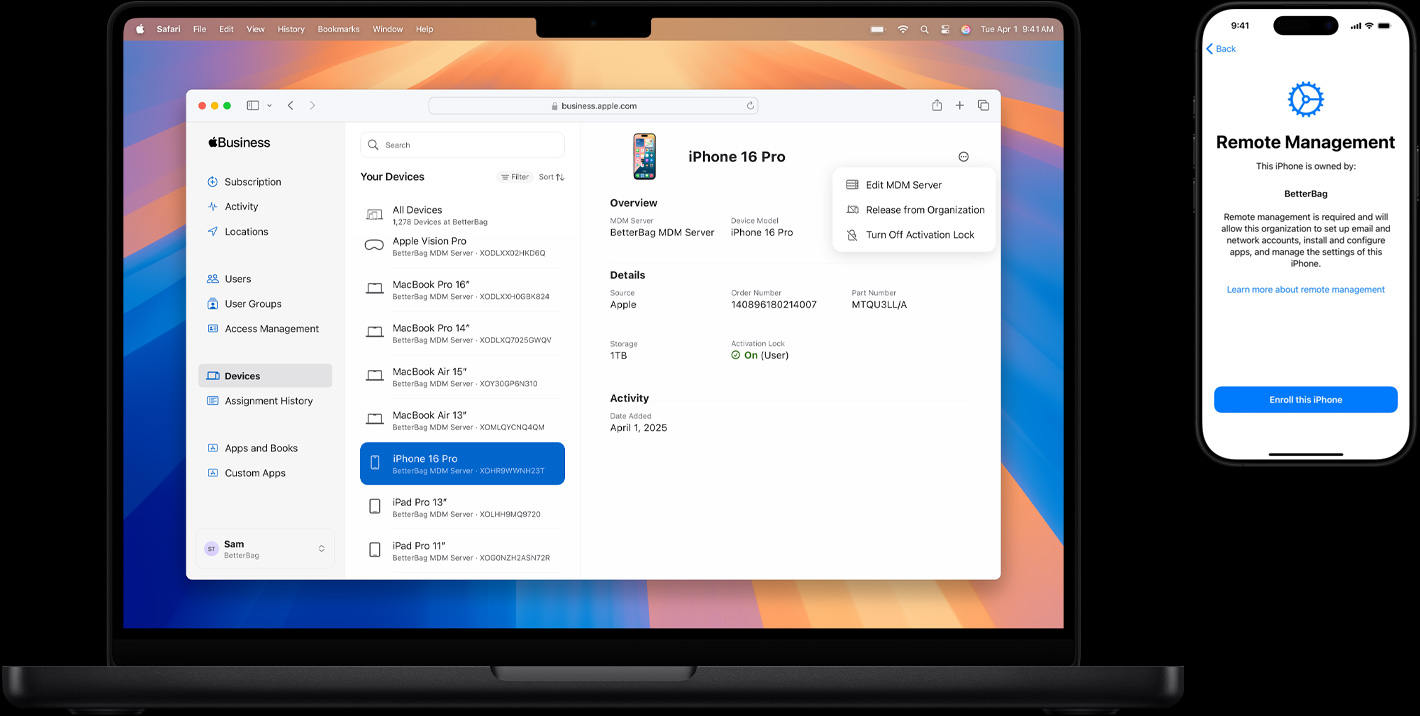 Die Displays eines MacBook und eines iPhone: Auf dem MacBook wird Apple Business Essentials angezeigt, auf dem iPhone die Remoteverwaltung während des Setups.