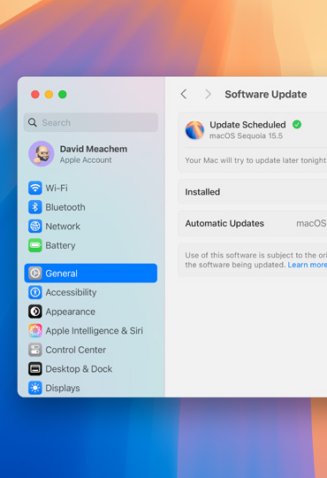 Ein Mac Display zeigt ein geplantes Software-Update in den Systemeinstellungen an