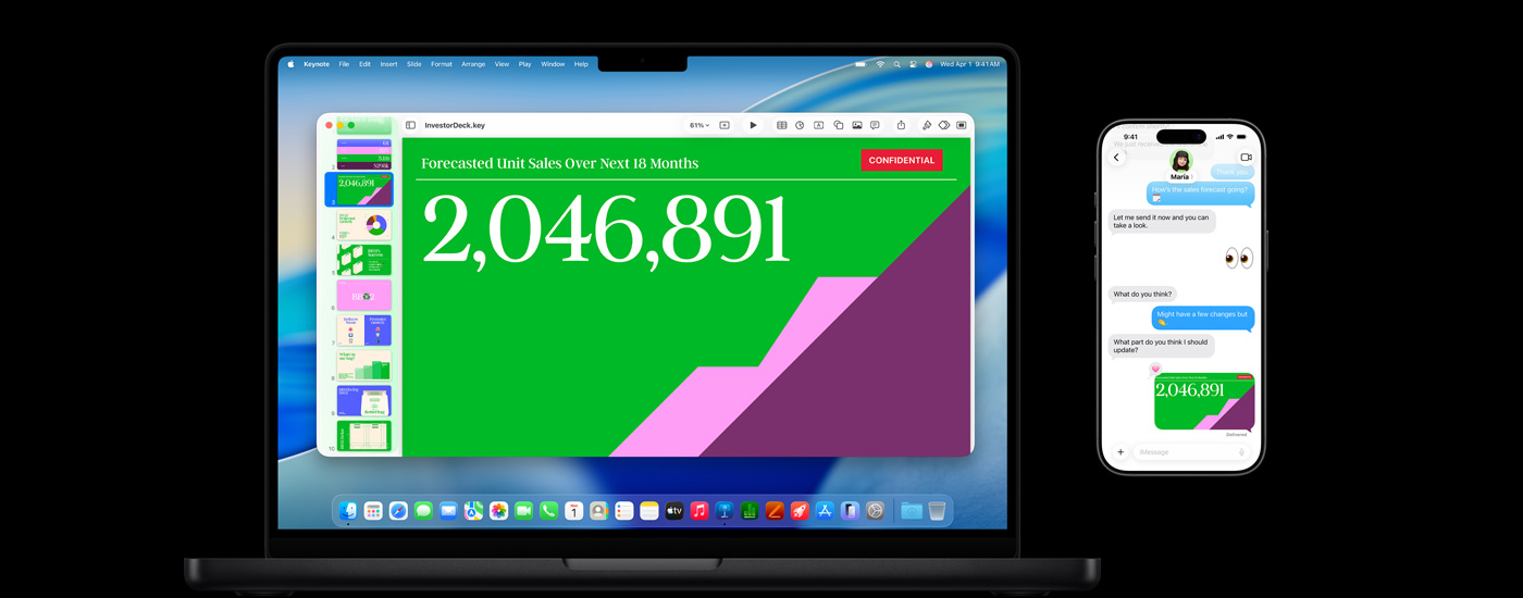 A presentation shown on a Mac screen and a text exchange linking to the presentation.