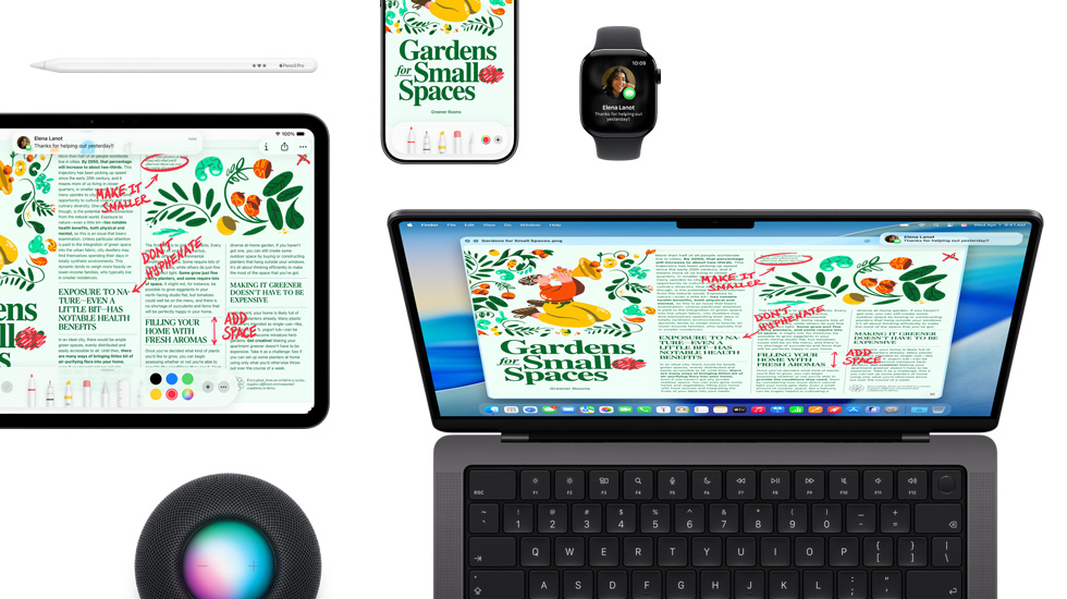 A suite of devices including an iPad, iPhone, Watch and Mac, all featuring the same content.