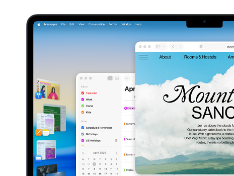 Multiple windows and apps displayed on a screen including Keynote, Pages, Mail and a website featuring content about a serene sanctuary.