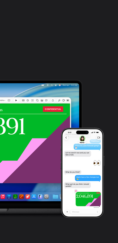 A Mac featuring a presentation. In front of the Mac is an iPhone with a text exchange and a shared presentation.