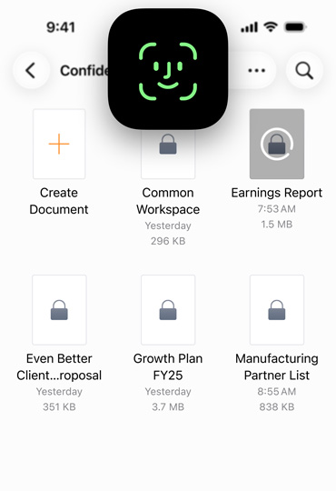 iPhone screen shows Pages with Face&nbsp;ID icon in front to demonstrate how to securely unlock a device