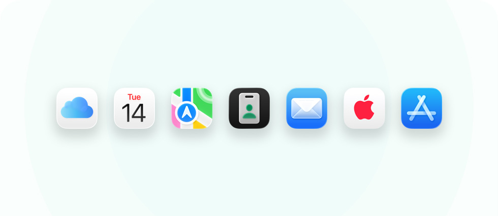Eine Reihe von Apps und Tools für Unternehmen, darunter iCloud, Kalender, Karten, Apple Business, Mail, AppleCare und der App Store.