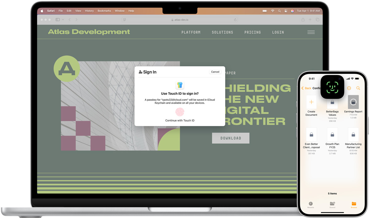 Vue avant d’un MacBook affichant une fenêtre Touch ID. Devant le MacBook se trouve un iPhone affichant un écran Face ID.