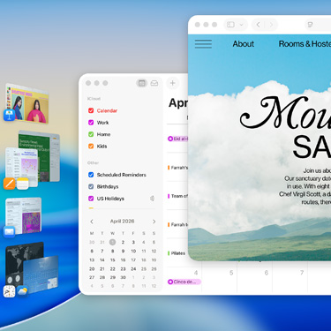 Multiple windows and apps displayed on a screen including Keynote, Pages, Mail and a website featuring content about a serene sanctuary.