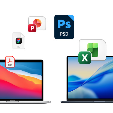 Front view of two side-by-side MacBooks with different colourful desktop backgrounds. File icons are displayed in an arc above the MacBook models. File icons include Acrobat file, Quickbooks file, PowerPoint file, Photoshop file and Excel file.