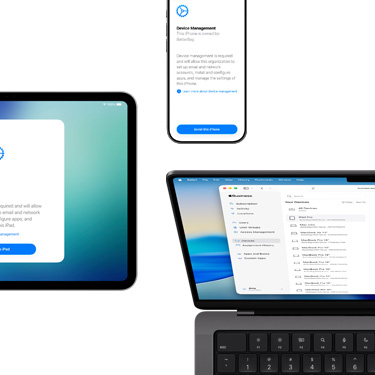 iPad, iPhone and MacBook all featuring various components of Apple Business Manager.