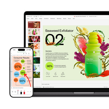 Front view of a Mac and an iPhone displaying different sections of the same vibrant and colourful presentation focused on a skincare product.