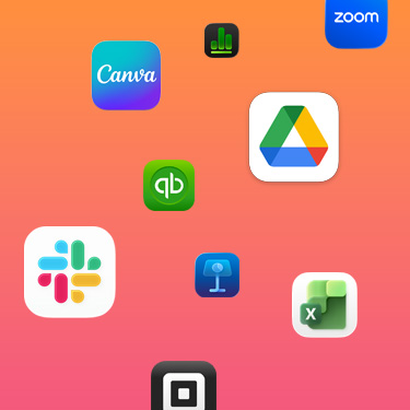 Icons of productivity apps including Slack, Canva, Google Workspace, Zoom, Quickbooks, Keynote, Excel, Square and Numbers against a colourful background.