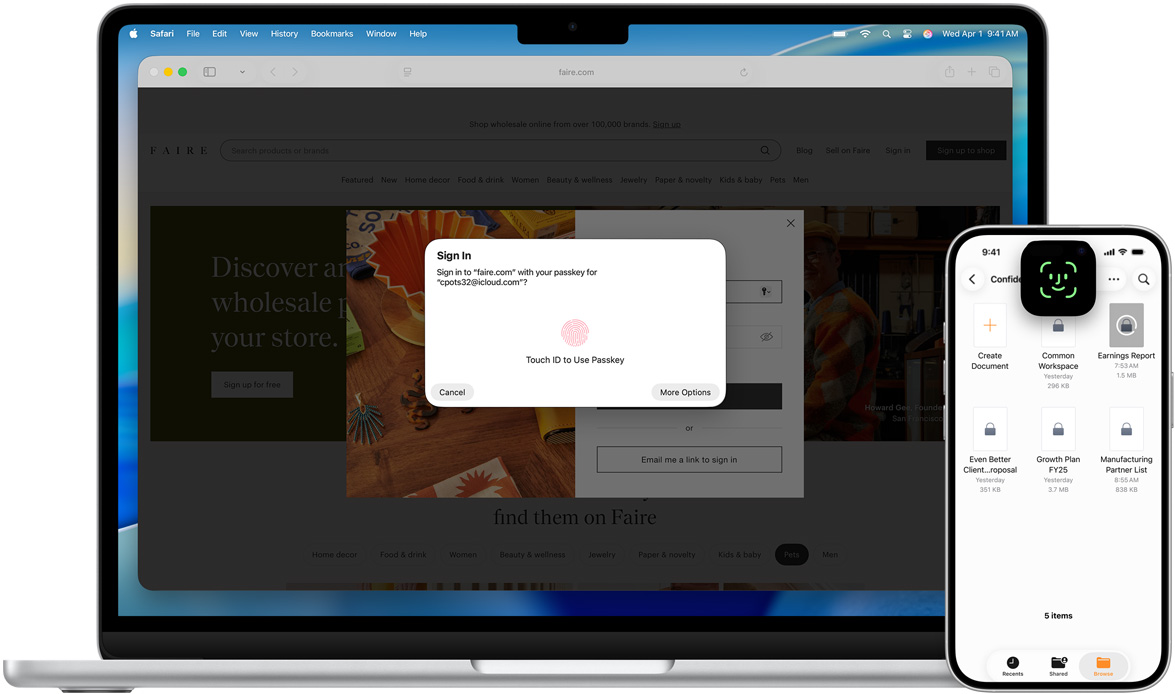 Front view of a MacBook featuring Touch ID window. In front of the MacBook is an iPhone featuring Face ID screen.