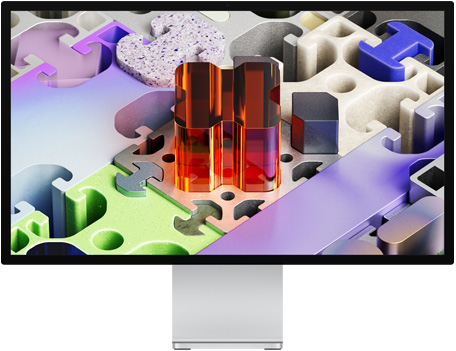 Front of Studio&nbsp;Display&nbsp;XDR with a three-dimensional puzzle-like wallpaper